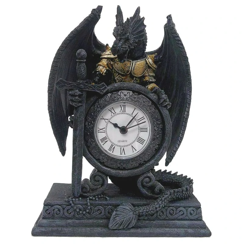 Fantasy stolní hodiny - Dračí ochránce času s mečem