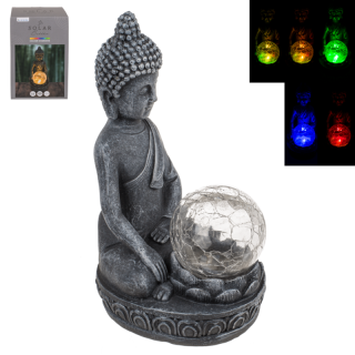 Meditující Buddha se solární LED dekorativně popraskanou koulí