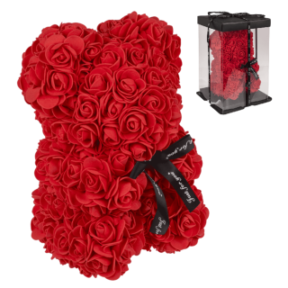 Medvídek z růží v dárkové krabičce 25cm – červený symbol lásky